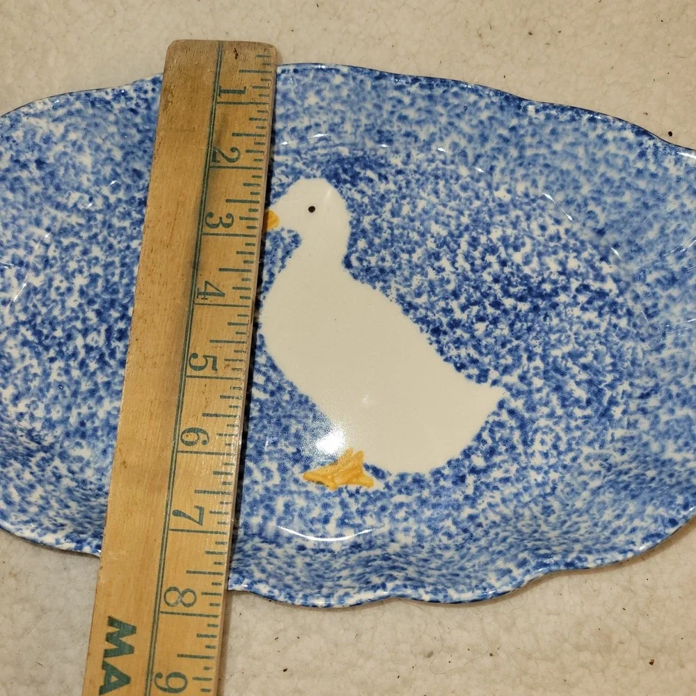 RARE‎ Gustin Co California Blue Spongeware Boat-shaped BOWL/CASSEROLE White Duck